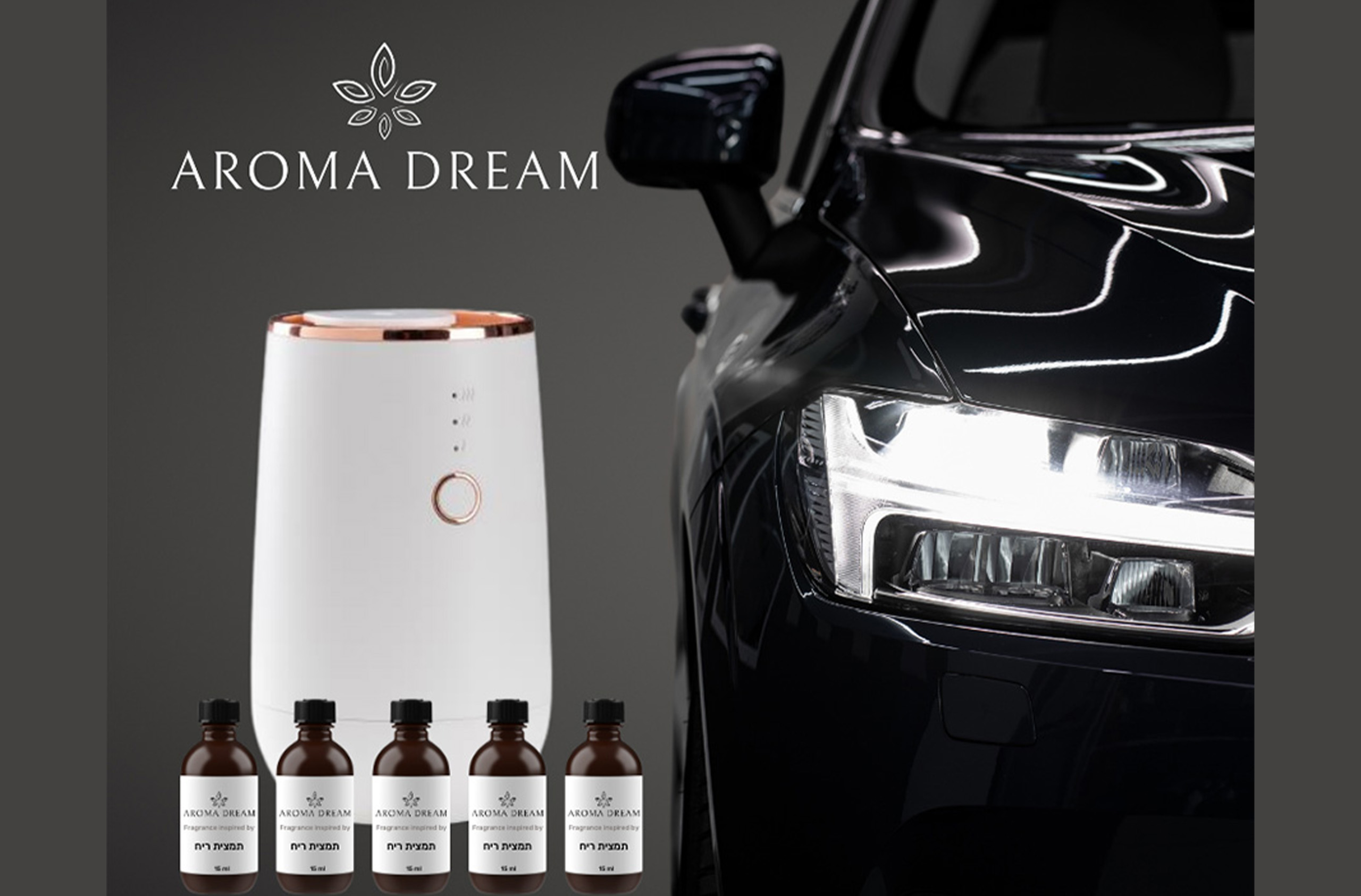 aroma_dream_2 מפיץ ריח חשמלי לרכב+ 5 בקבוקי שמן ריח - AromaDream – תמונה 1